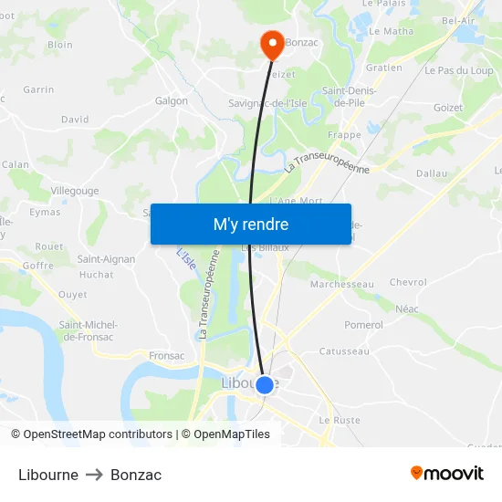 Libourne to Bonzac map