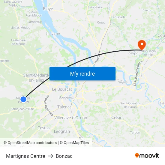 Martignas Centre to Bonzac map