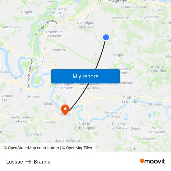 Lussac to Branne map