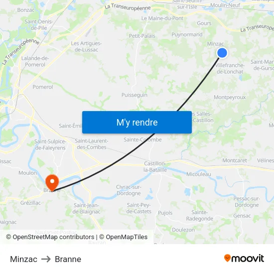 Minzac to Branne map