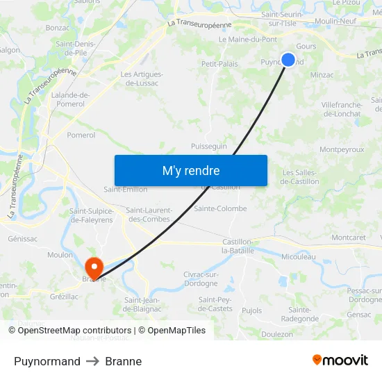 Puynormand to Branne map
