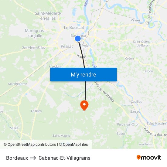 Bordeaux to Cabanac-Et-Villagrains map