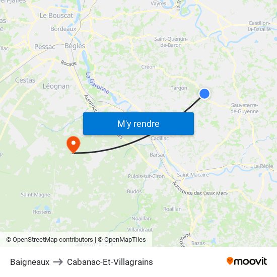Baigneaux to Cabanac-Et-Villagrains map