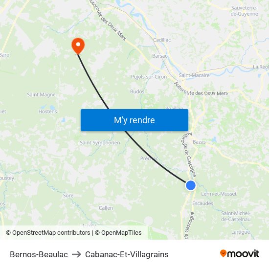 Bernos-Beaulac to Cabanac-Et-Villagrains map