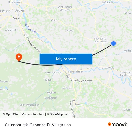 Caumont to Cabanac-Et-Villagrains map