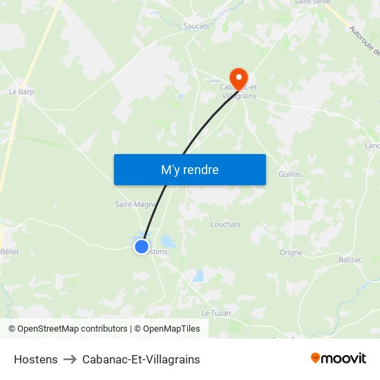 Hostens to Cabanac-Et-Villagrains map