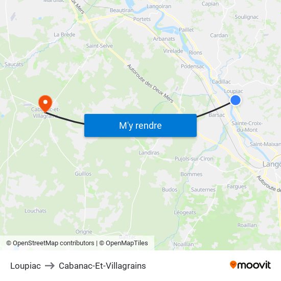 Loupiac to Cabanac-Et-Villagrains map