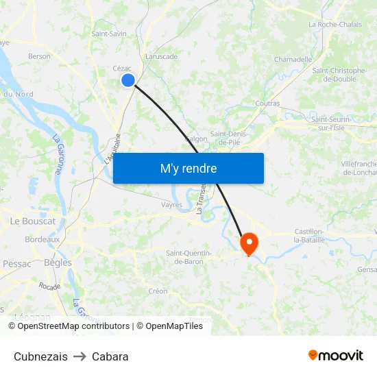 Cubnezais to Cabara map
