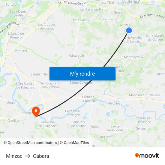 Minzac to Cabara map