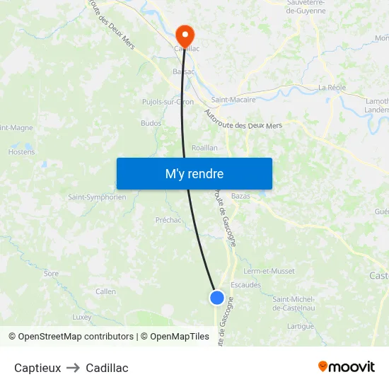 Captieux to Cadillac map