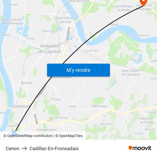 Cenon to Cadillac-En-Fronsadais map