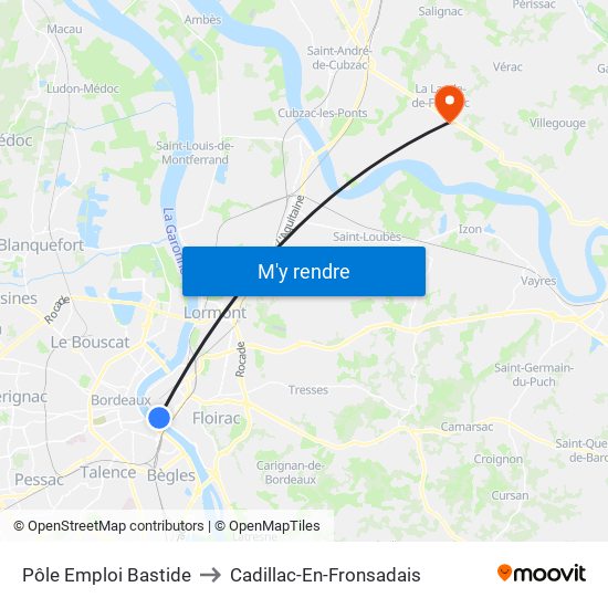 Pôle Emploi Bastide to Cadillac-En-Fronsadais map