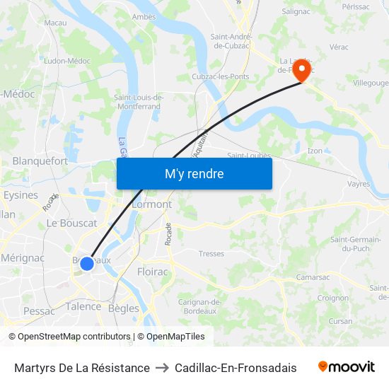 Martyrs De La Résistance to Cadillac-En-Fronsadais map