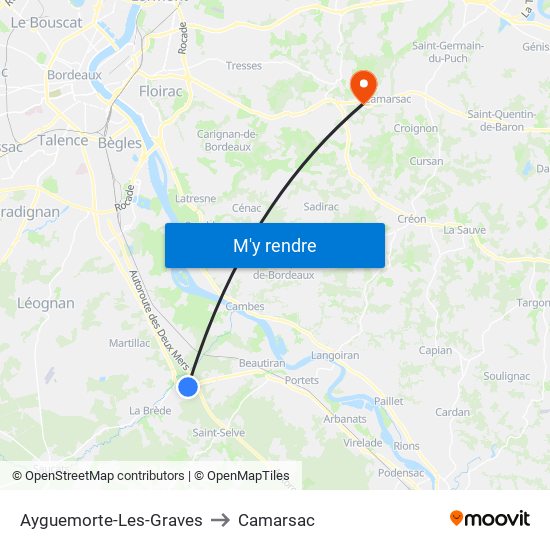 Ayguemorte-Les-Graves to Camarsac map