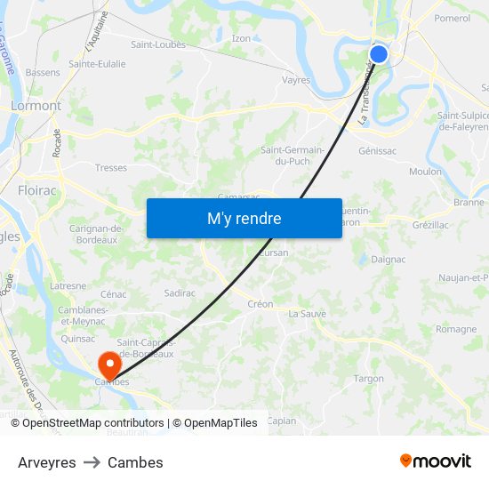Arveyres to Cambes map