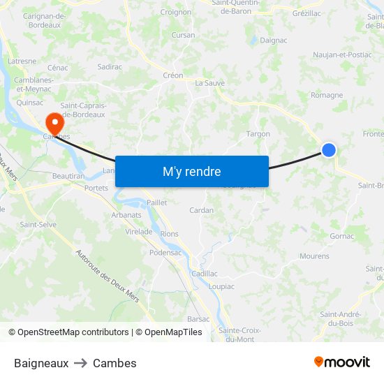 Baigneaux to Cambes map