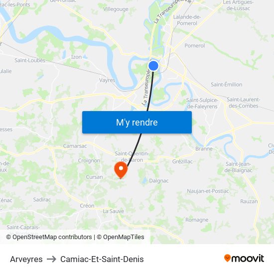 Arveyres to Camiac-Et-Saint-Denis map