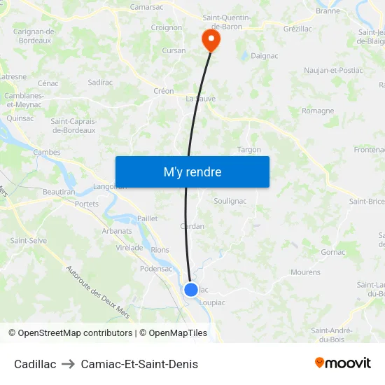 Cadillac to Camiac-Et-Saint-Denis map