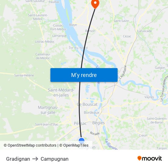 Gradignan to Campugnan map