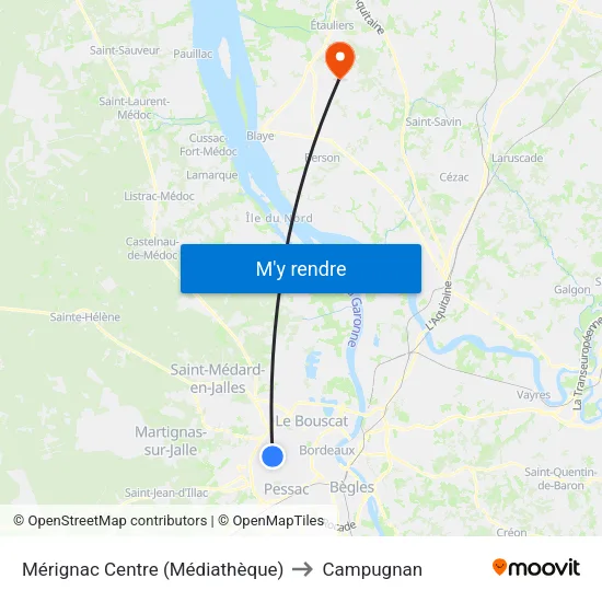 Mérignac Centre (Médiathèque) to Campugnan map