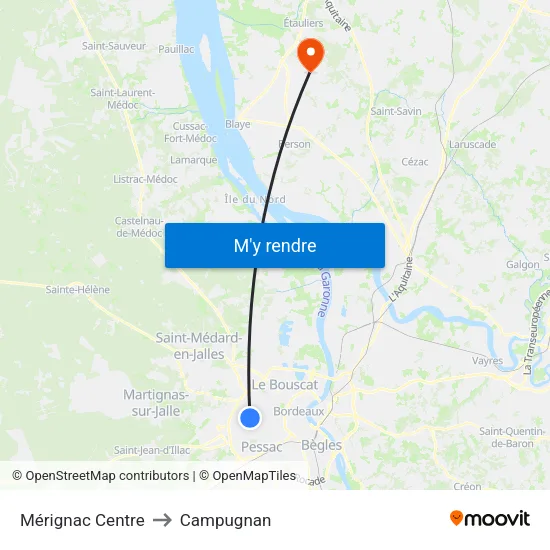Mérignac Centre to Campugnan map