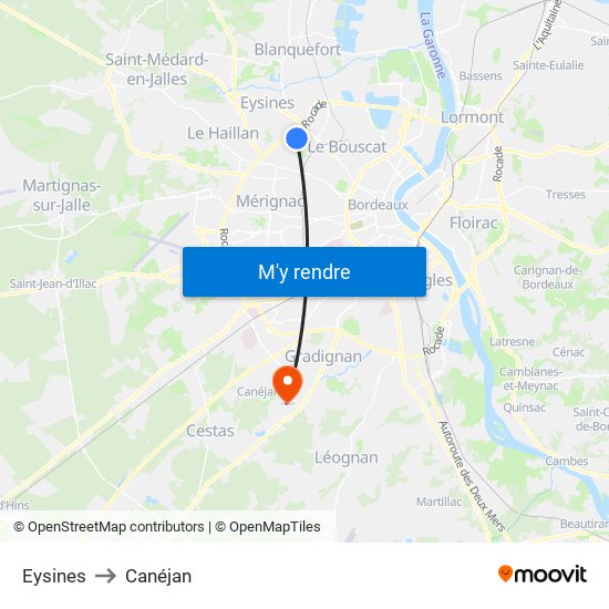 Eysines to Canéjan map