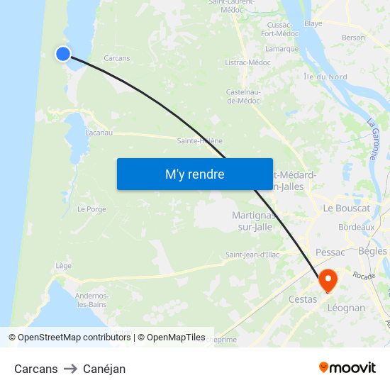 Carcans to Canéjan map