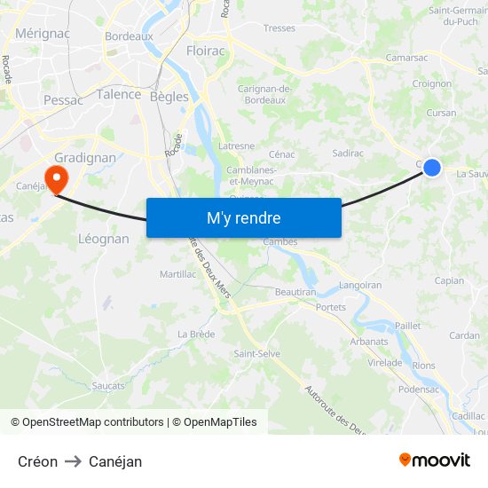 Créon to Canéjan map