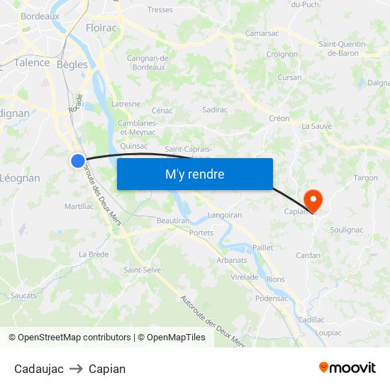 Cadaujac to Capian map