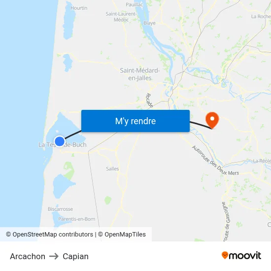 Arcachon to Capian map