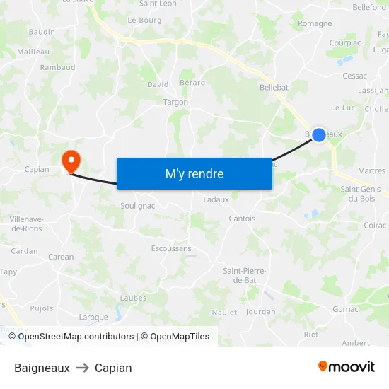 Baigneaux to Capian map