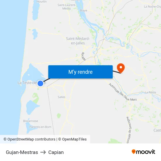 Gujan-Mestras to Capian map