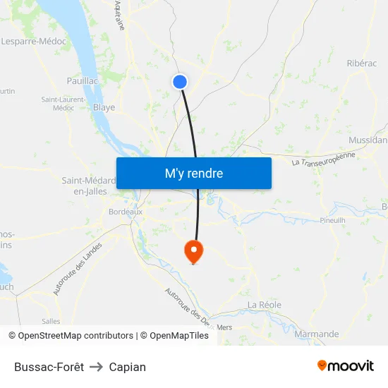 Bussac-Forêt to Capian map