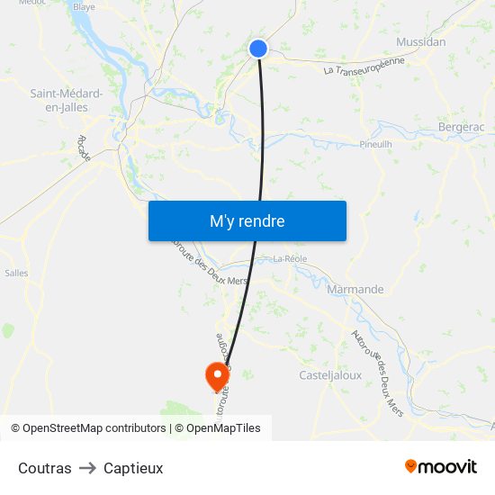 Coutras to Captieux map