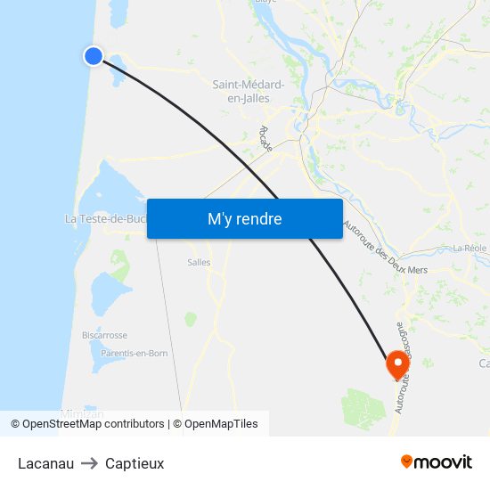 Lacanau to Captieux map