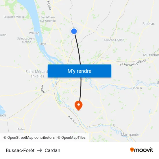 Bussac-Forêt to Cardan map