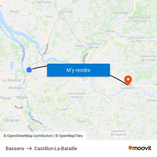 Bassens to Castillon-La-Bataille map