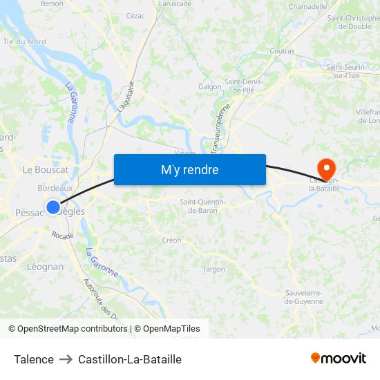 Talence to Castillon-La-Bataille map