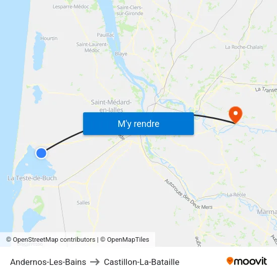 Andernos-Les-Bains to Castillon-La-Bataille map
