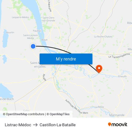 Listrac-Médoc to Castillon-La-Bataille map