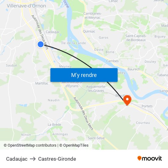Cadaujac to Castres-Gironde map