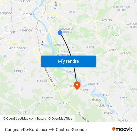 Carignan-De-Bordeaux to Castres-Gironde map