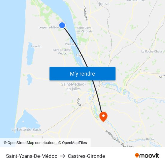 Saint-Yzans-De-Médoc to Castres-Gironde map