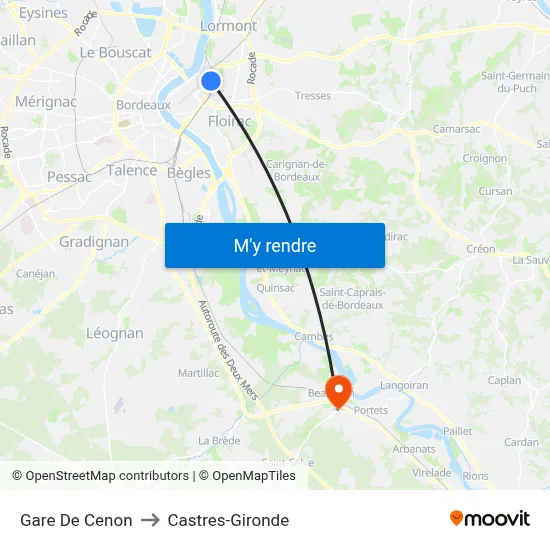 Gare De Cenon to Castres-Gironde map