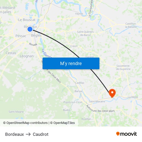 Bordeaux to Caudrot map