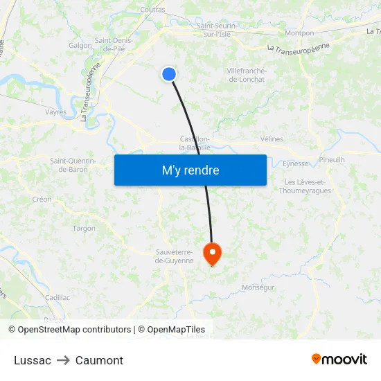 Lussac to Caumont map