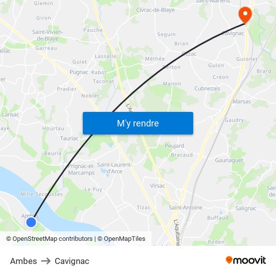 Ambes to Cavignac map