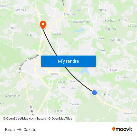 Birac to Cazats map