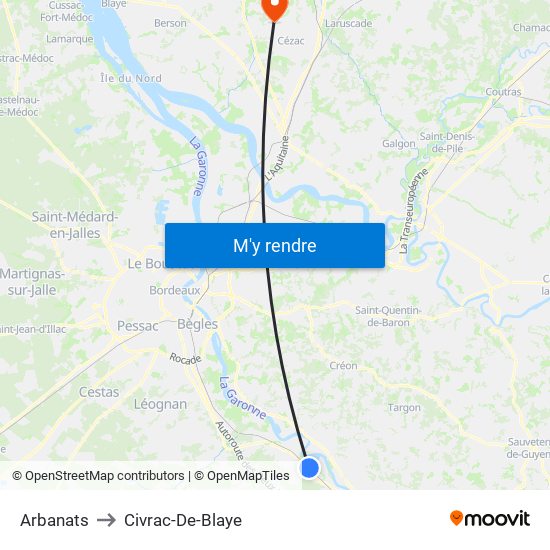 Arbanats to Civrac-De-Blaye map