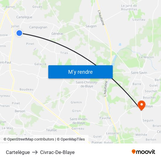 Cartelègue to Civrac-De-Blaye map